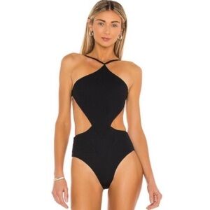 NEW FELLA Sabath One Piece Swimsuit Monokini Waist Cutout Halter Strap Black